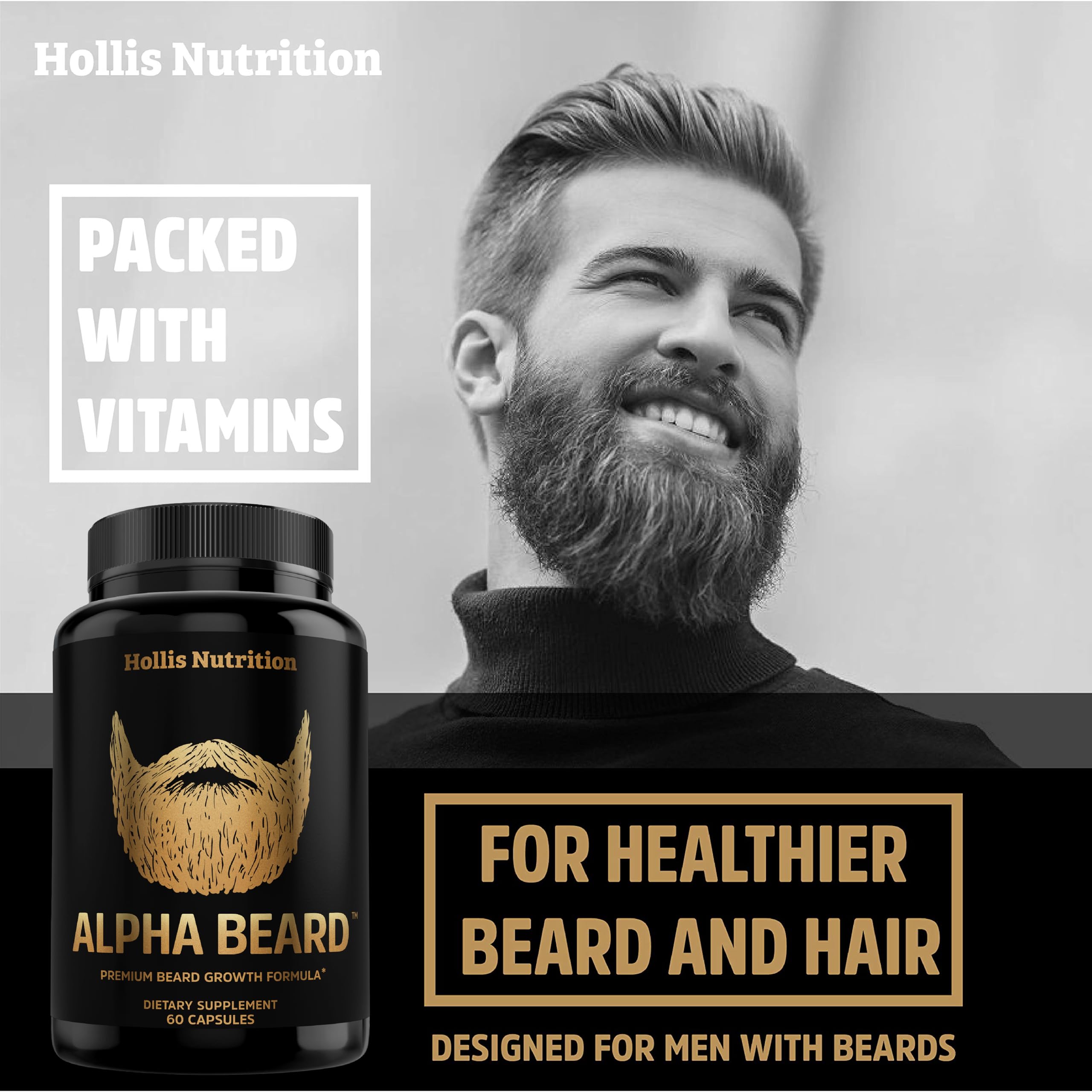 Hollis Nutrition ALPHA BEARD bottle pouring capsules into hand