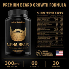 Hollis Nutrition ALPHA BEARD capsules closeup showing biotin and collagen