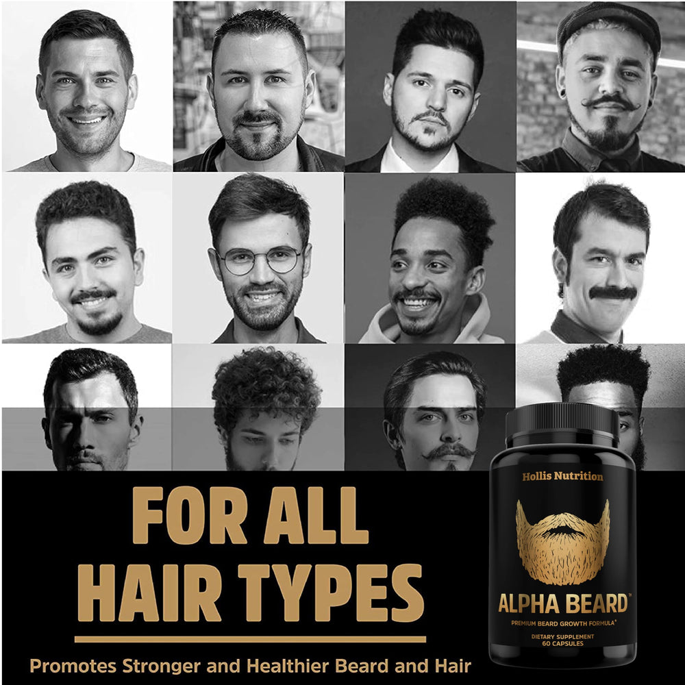 Hollis Nutrition ALPHA BEARD label featuring saw palmetto DHT blend