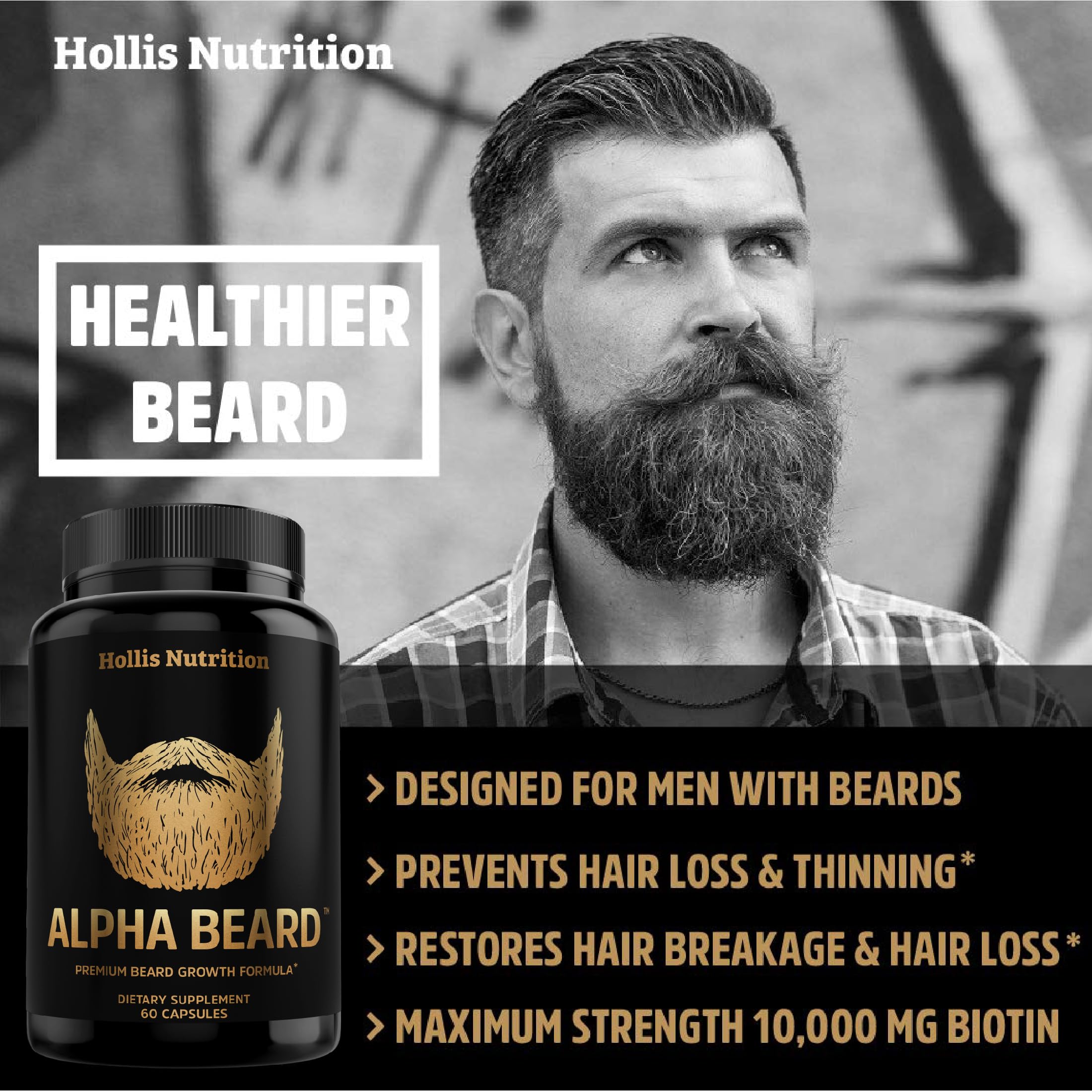 Hollis Nutrition ALPHA BEARD ingredients panel highlighting key nutrients