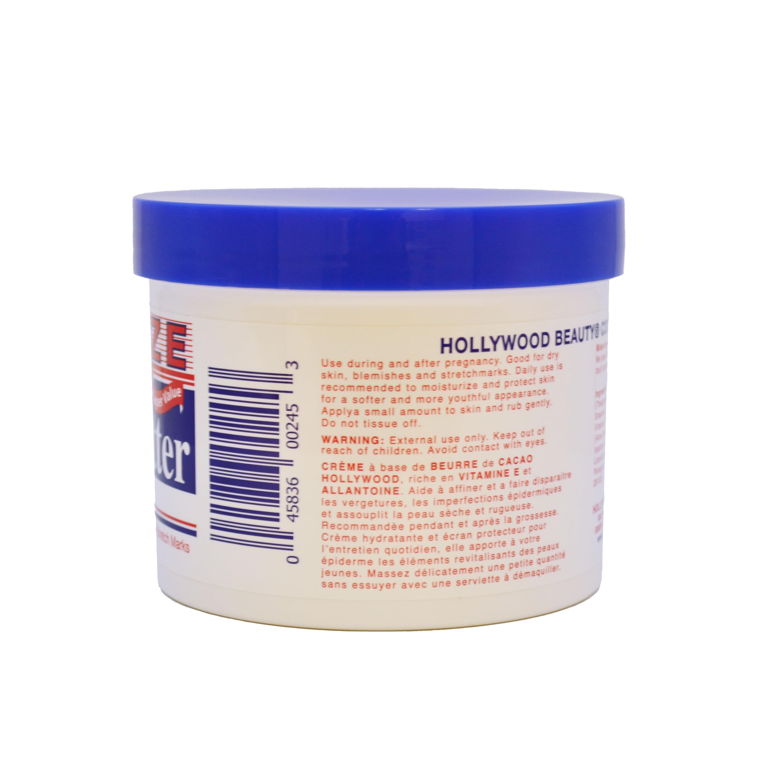 Hollywood Beauty cocoa butter cream packaging label with Vitamin E benefits