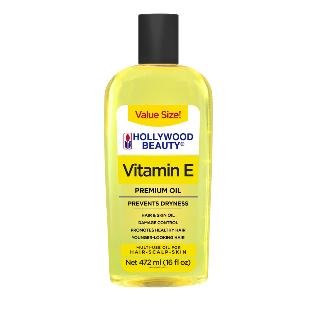 Hollywood Beauty Vitamin E Oil bottle front view showing versatile hydration for hair