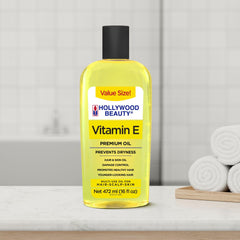 Hollywood Beauty Vitamin E Oil on bathroom shelf ready for daily care