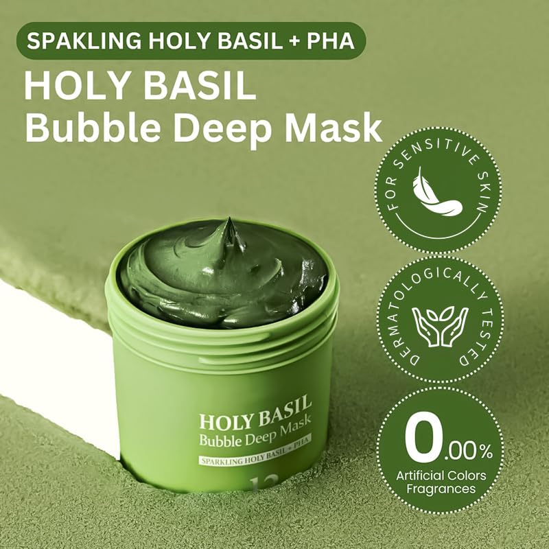 Holy Basil Bubble Deep Mask carbonated-water action provides refreshing tingling sensation.