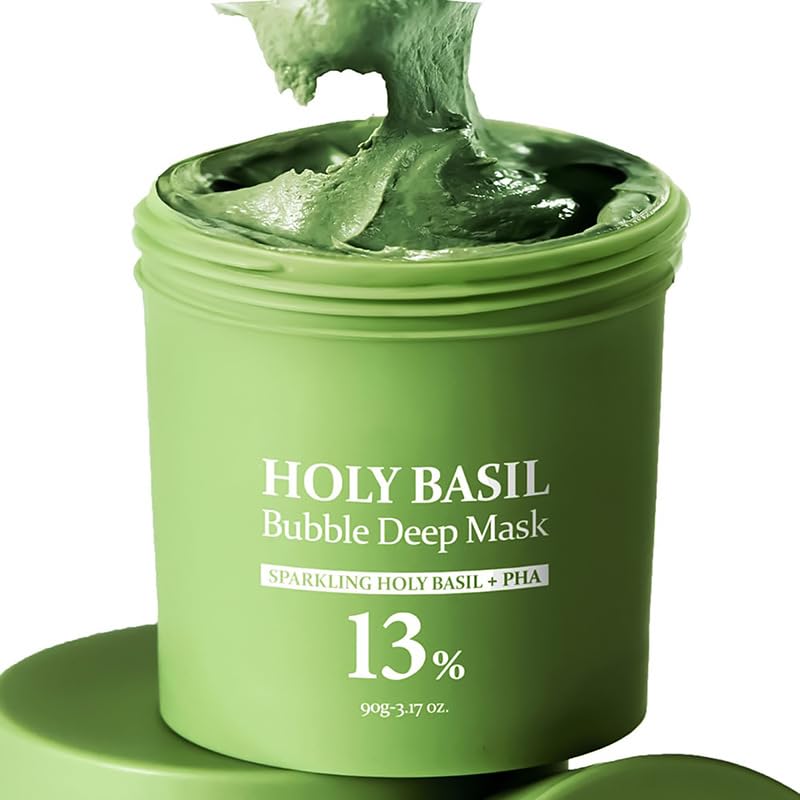 Holy Basil Bubble Deep Mask application demonstrates clay-to-bubble transformation for pore cleansing.