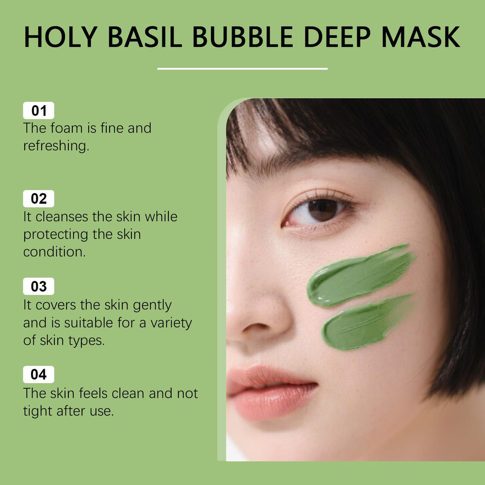 Holy Basil Bubble Deep Mask pores close-up highlighting deep cleansing action.