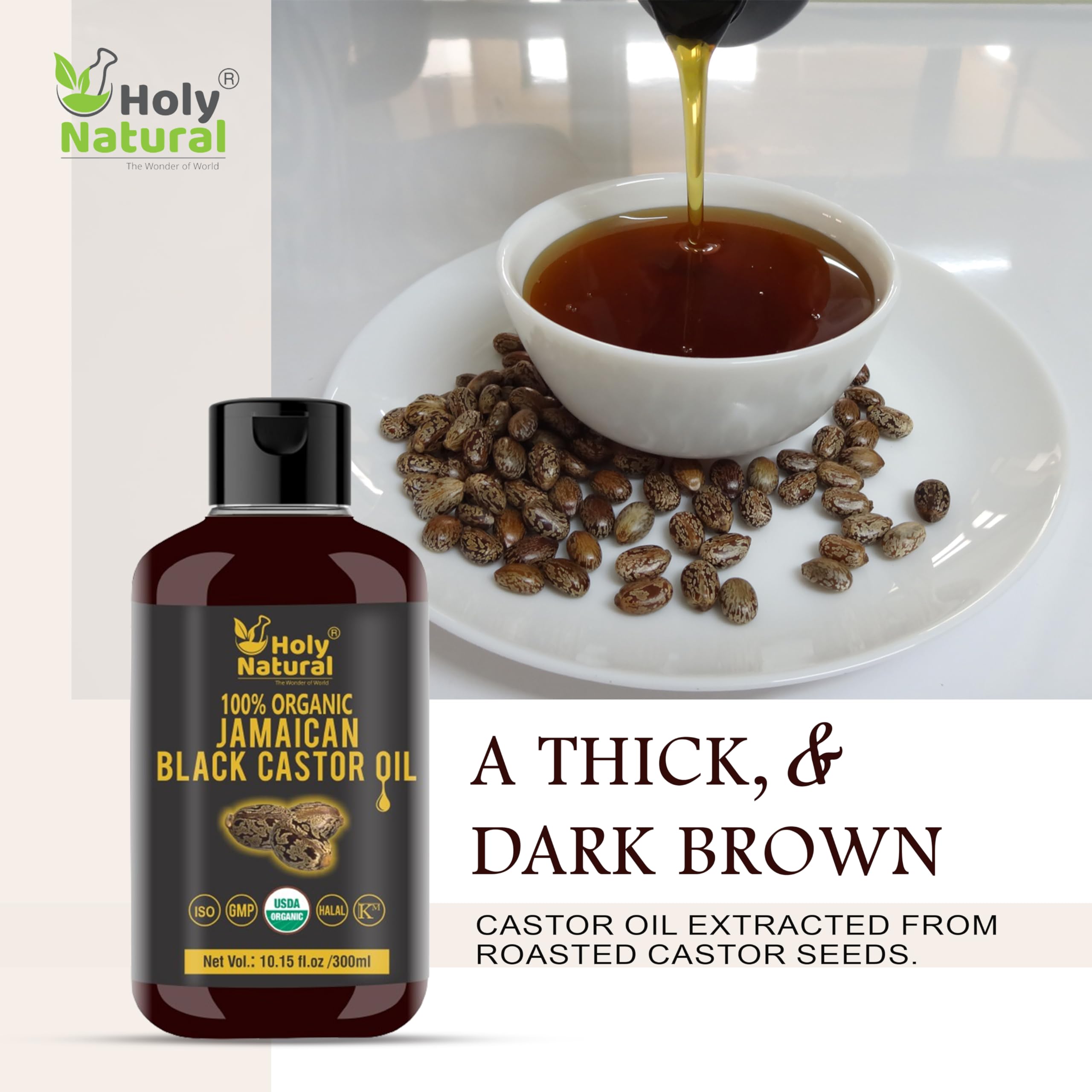 Holy Natural castor oil label close-up for USDA-certified purity in daily use.