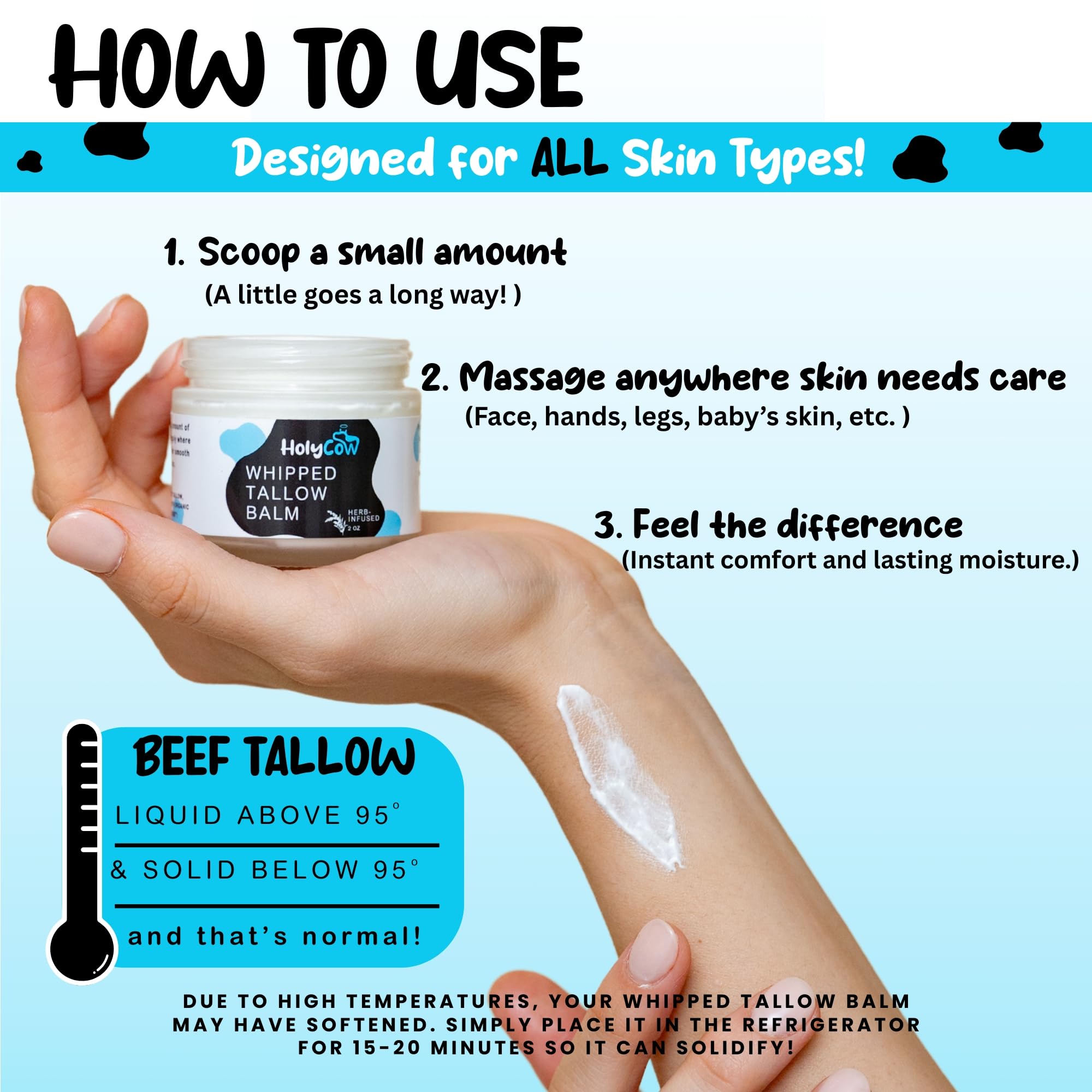 HolyCow balm in use on face demonstrates non-greasy hydration without clogging pores.