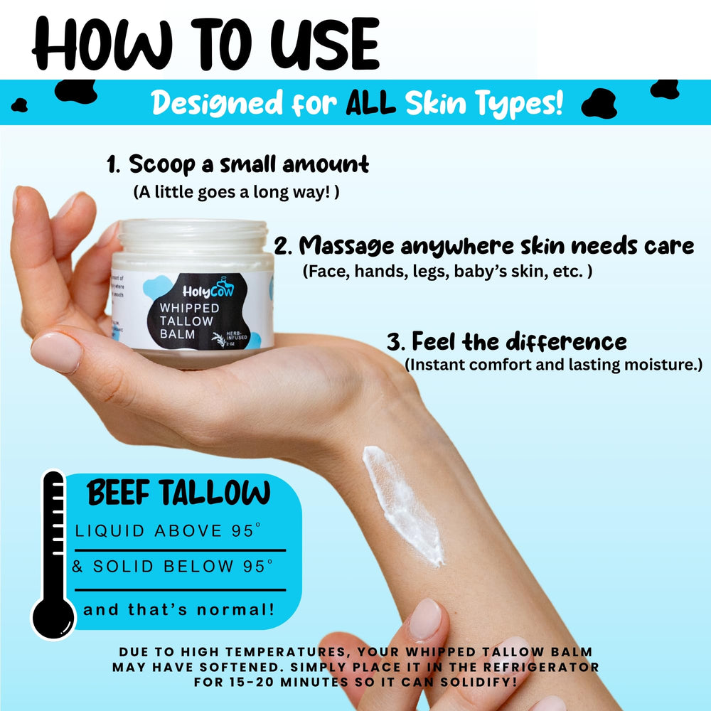 HolyCow balm in use on face demonstrates non-greasy hydration without clogging pores.