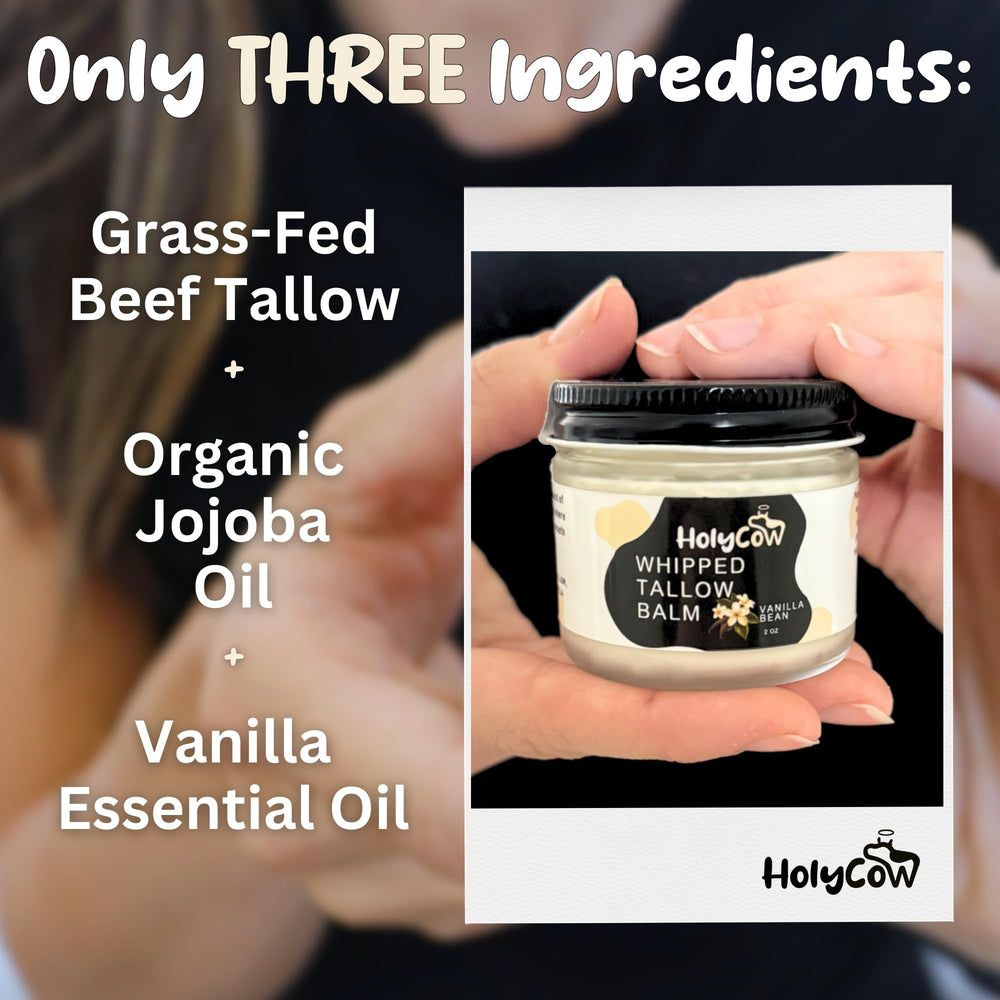 HolyCow whipped balm applied to hand showing hydrating facial use.
