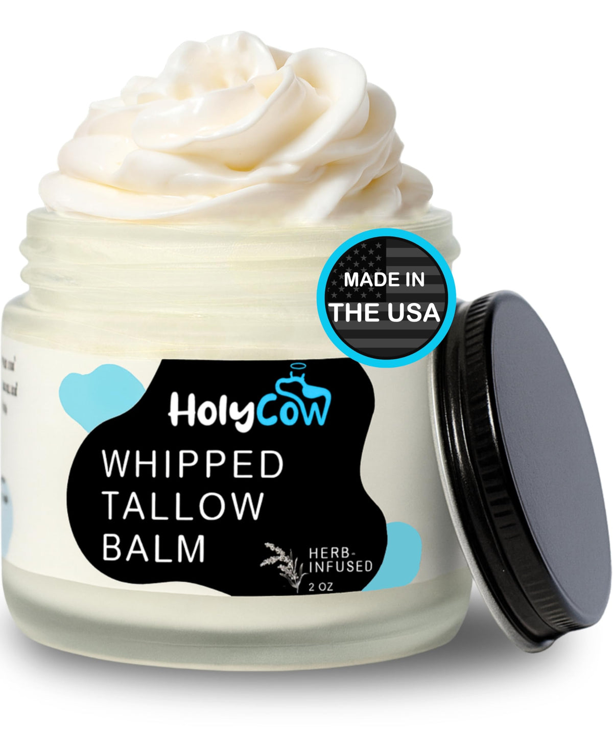 HolyCow beef tallow balm jar unscented highlights herb-infused formula for deep hydration.
