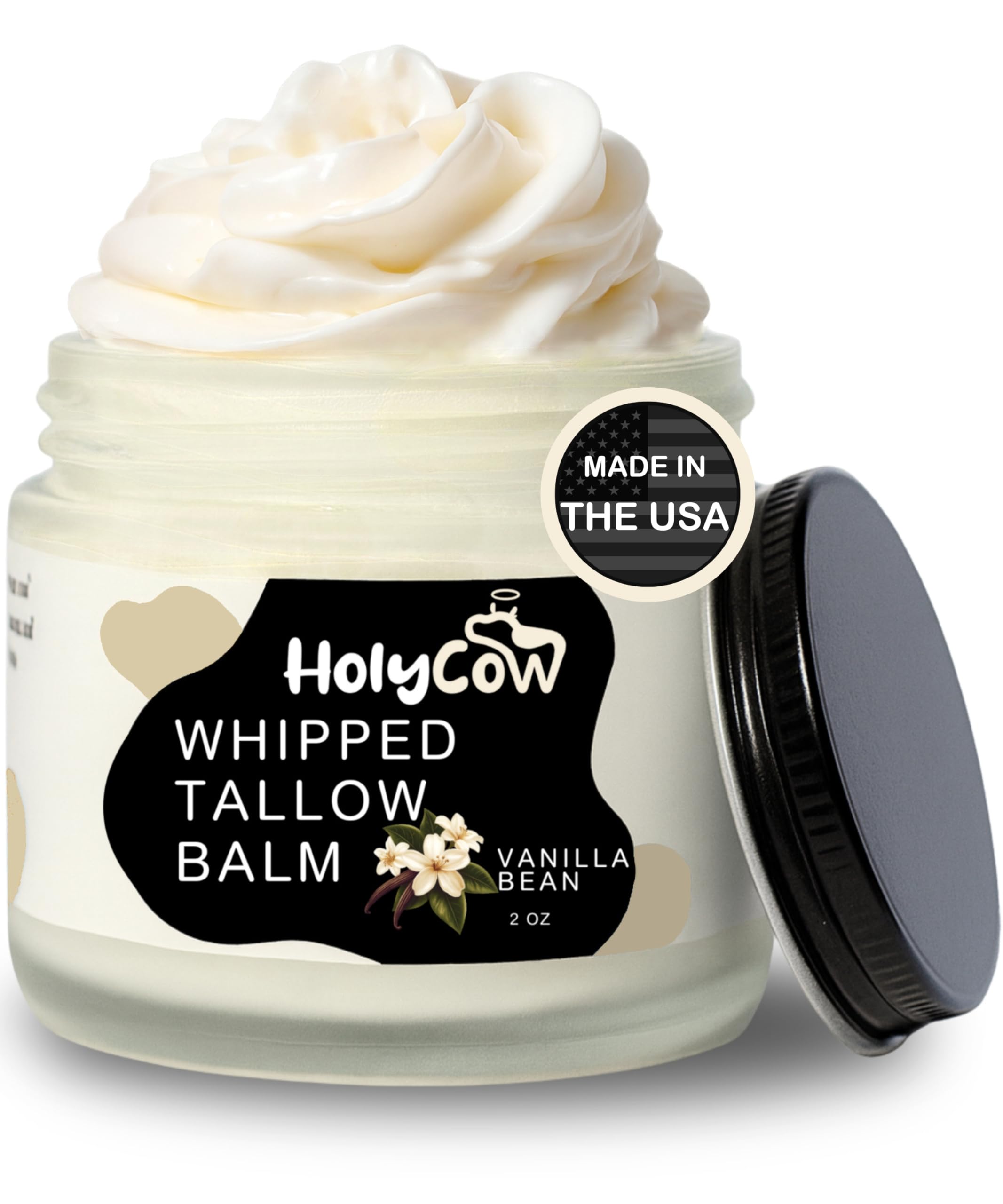 HolyCow beef tallow balm jar with whipped texture for deep hydration and dry skin relief.