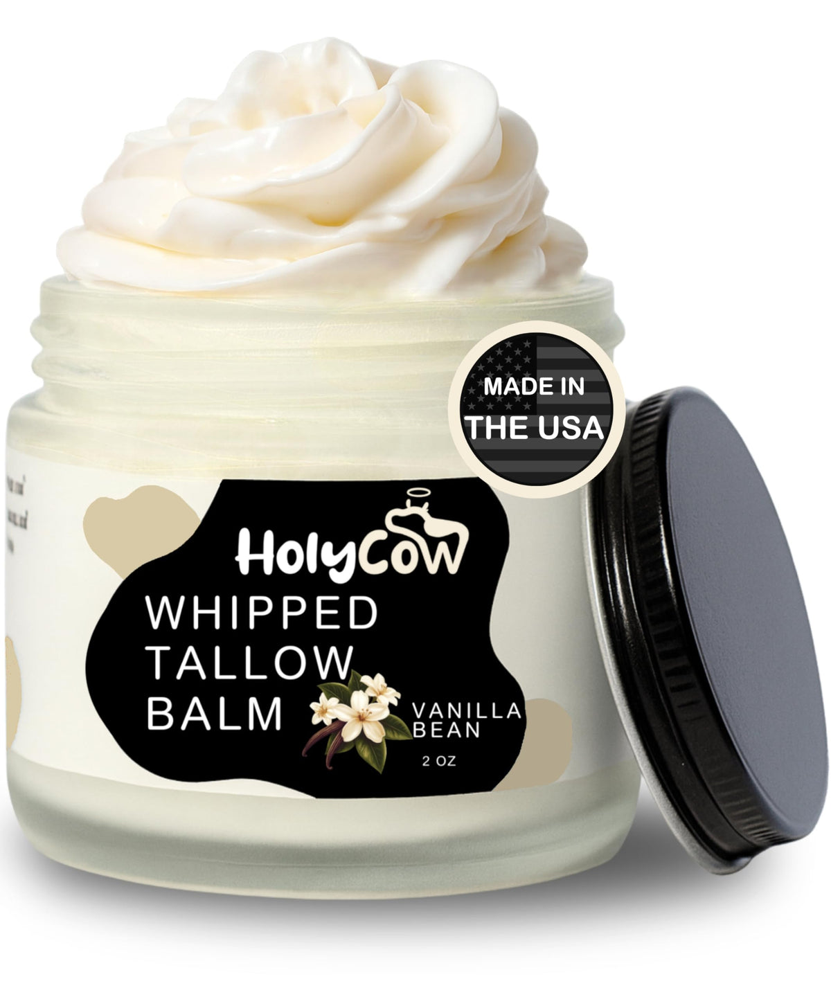 HolyCow beef tallow balm jar with whipped texture for deep hydration and dry skin relief.