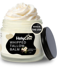 HolyCow beef tallow balm jar with whipped texture for deep hydration and dry skin relief.