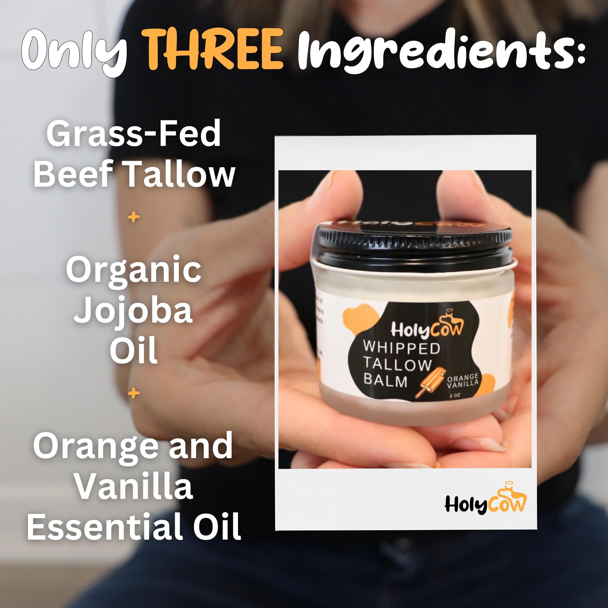 HolyCow Grass-fed tallow close-up highlighting vitamins A D K E for skin nourishment