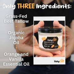 HolyCow Grass-fed tallow close-up highlighting vitamins A D K E for skin nourishment