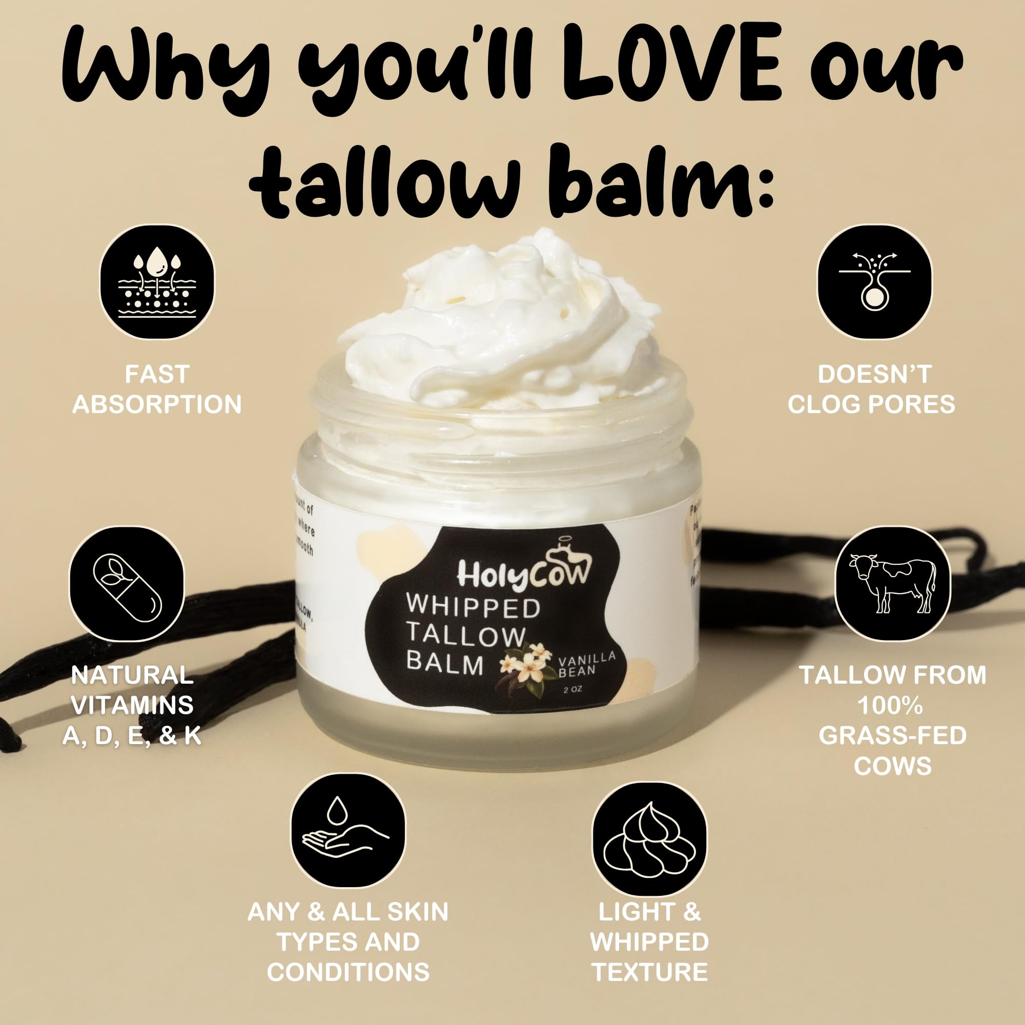 HolyCow grass-fed tallow bottle emphasizes natural skincare ingredients.