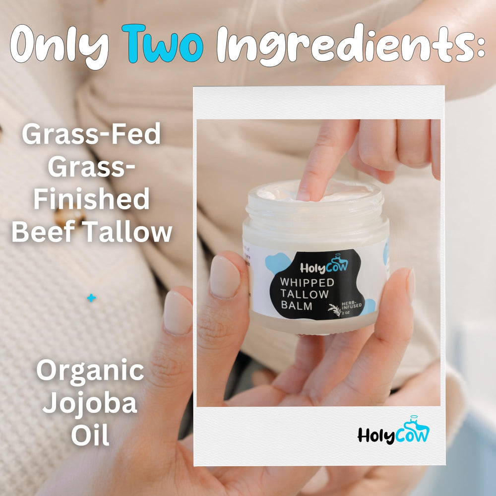 HolyCow tallow balm ingredients label image underscores grass-fed origin and clean skincare.