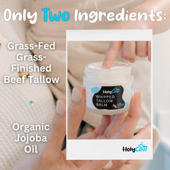 HolyCow tallow balm ingredients label image underscores grass-fed origin and clean skincare.