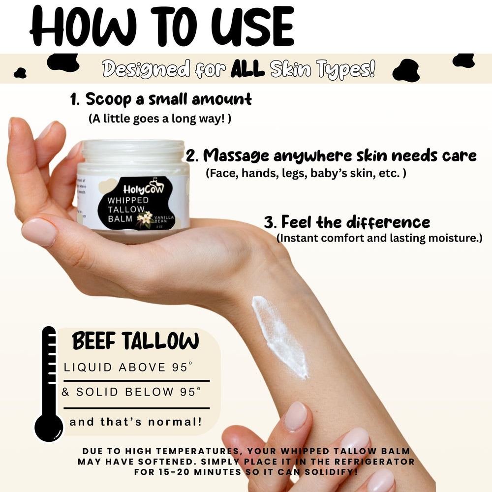 HolyCow tallow balm with jojoba oil showing light, fast‑absorbing texture.