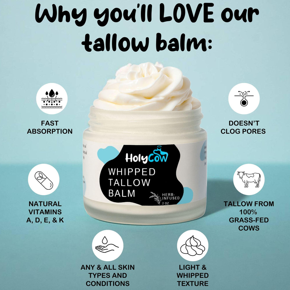 HolyCow whipped tallow balm texture closeup shows velvety finish ideal for daily moisturization.