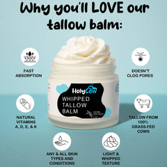 HolyCow whipped tallow balm texture closeup shows velvety finish ideal for daily moisturization.