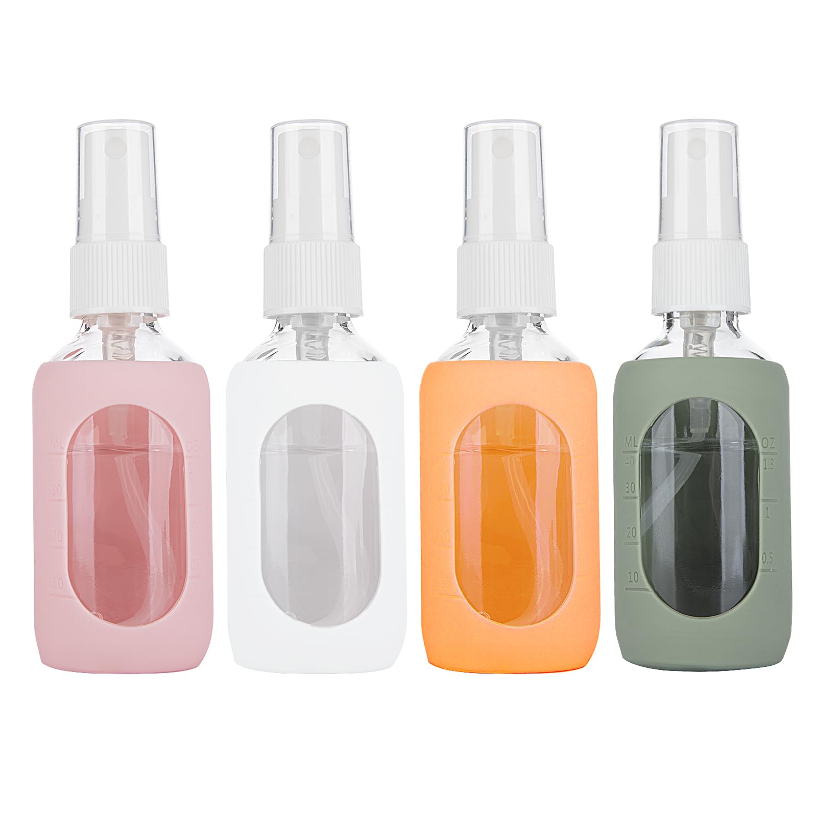 HOMBYS 2oz clear-glass spray bottle with silicone sleeve protecting against drops, perfect for travel.