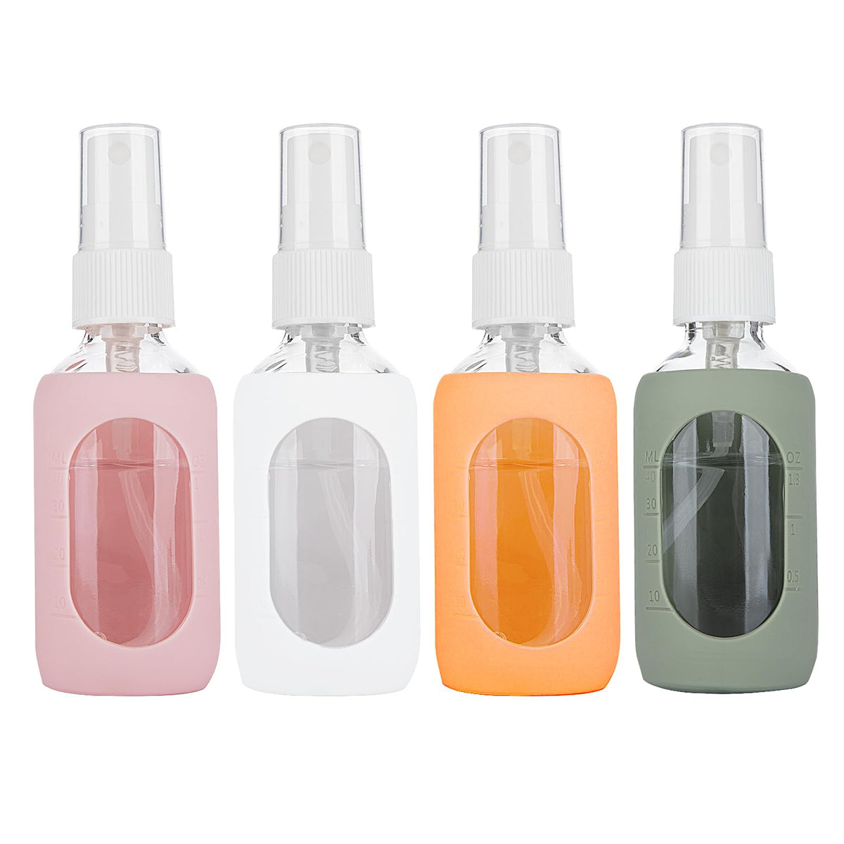HOMBYS 2oz clear-glass spray bottle with silicone sleeve protecting against drops, perfect for travel.