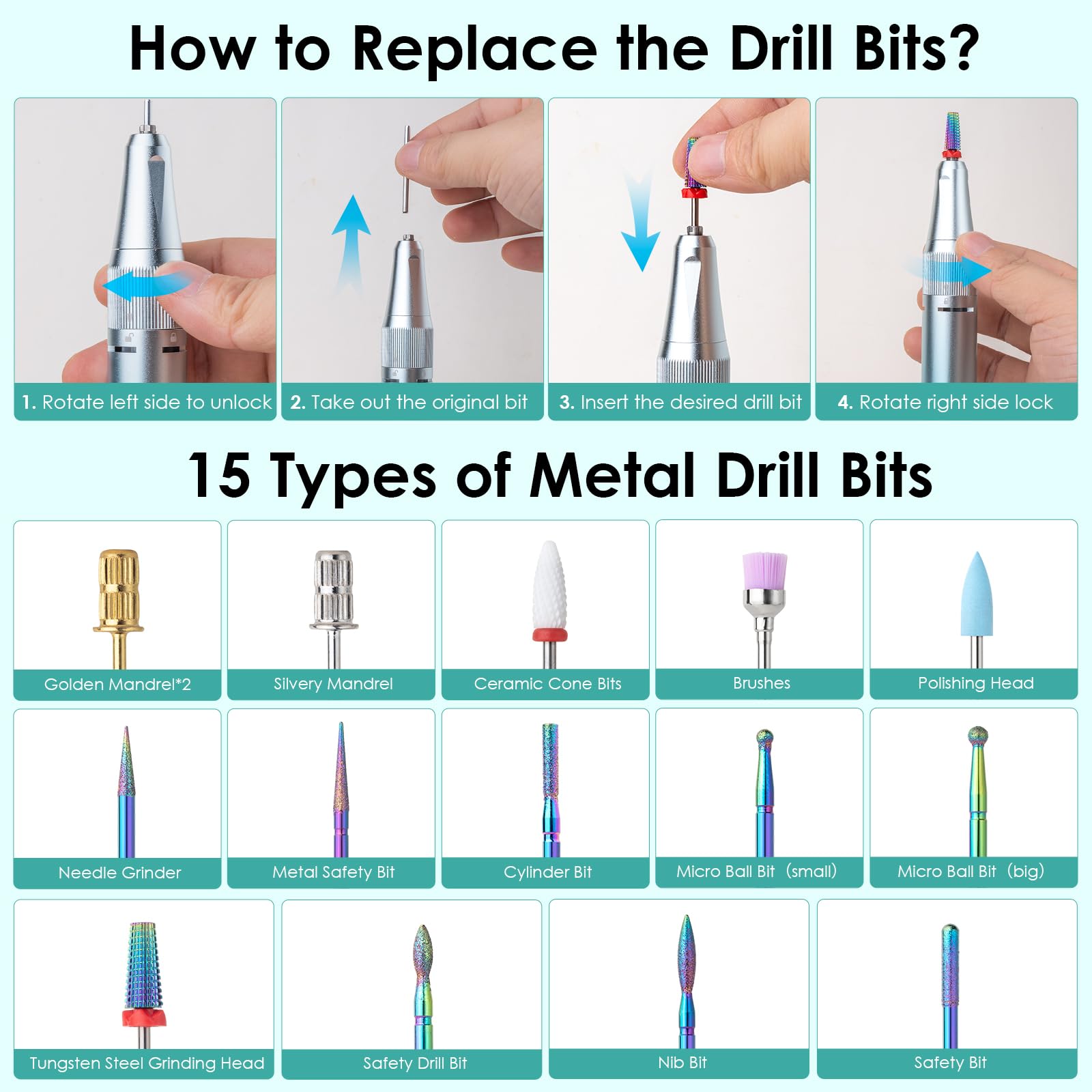 Homeasy electric nail drill 15-bits kit supports versatile shaping, filing, and cuticle work.