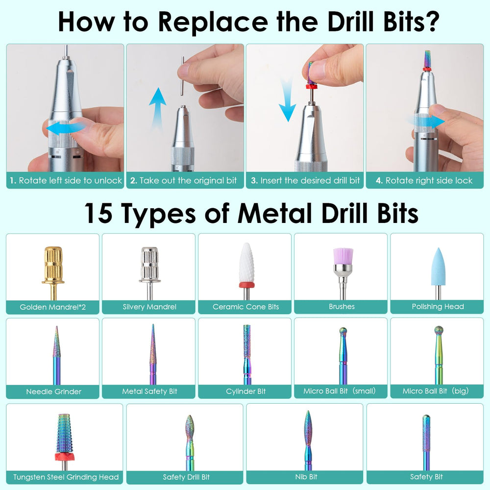 Homeasy electric nail drill 15-bits kit supports versatile shaping, filing, and cuticle work.