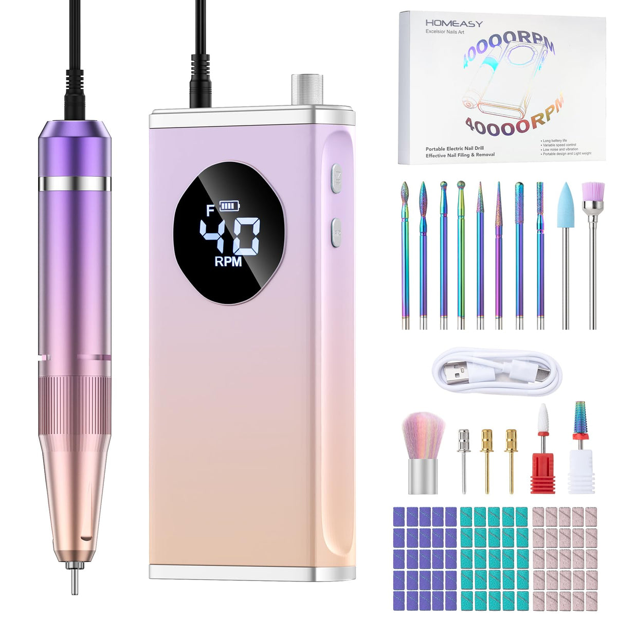 HOMEASY electric nail drill at 40000RPM for fast gel and acrylic removal.