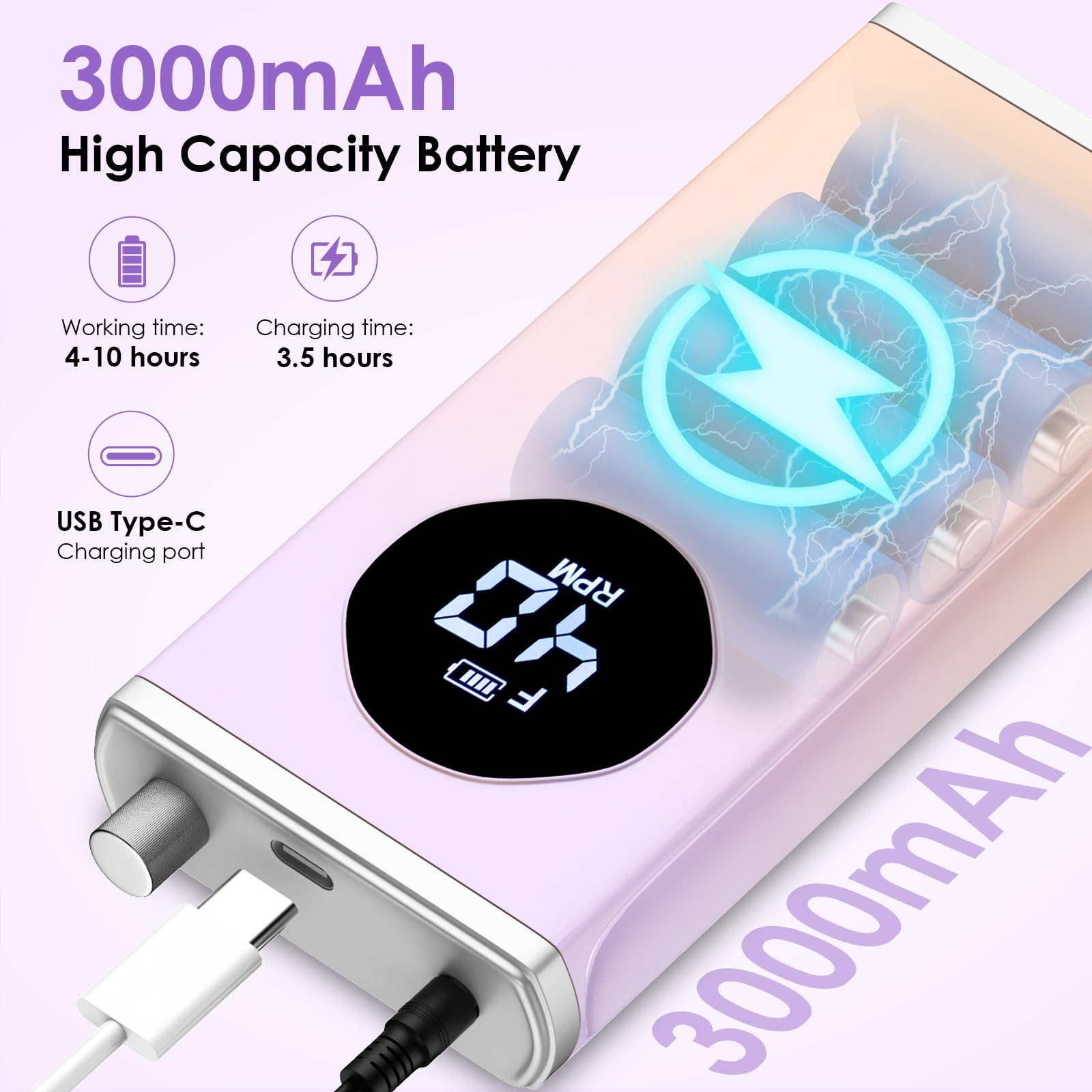 HOMEASY electric nail drill with LCD screen shows RPM and battery status.