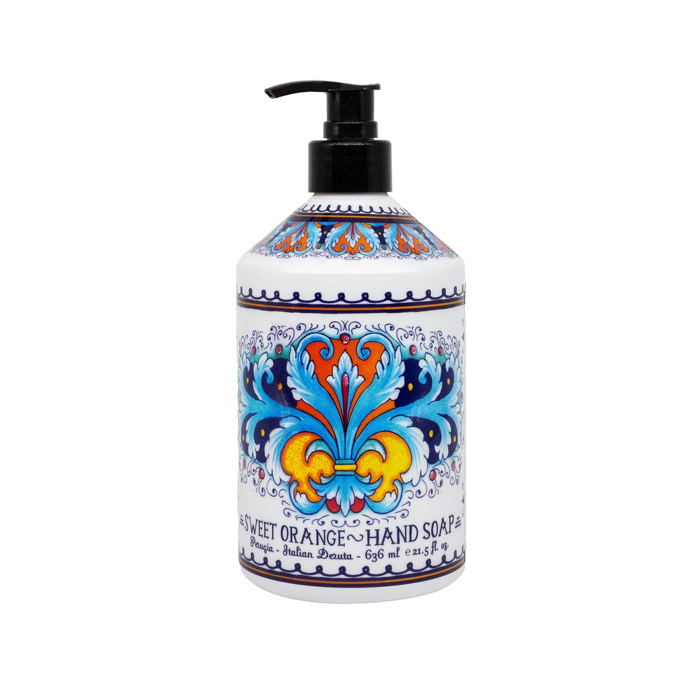 Home & Body Company Perugia Deruta hand soap on bathroom shelf; elegant and practical.