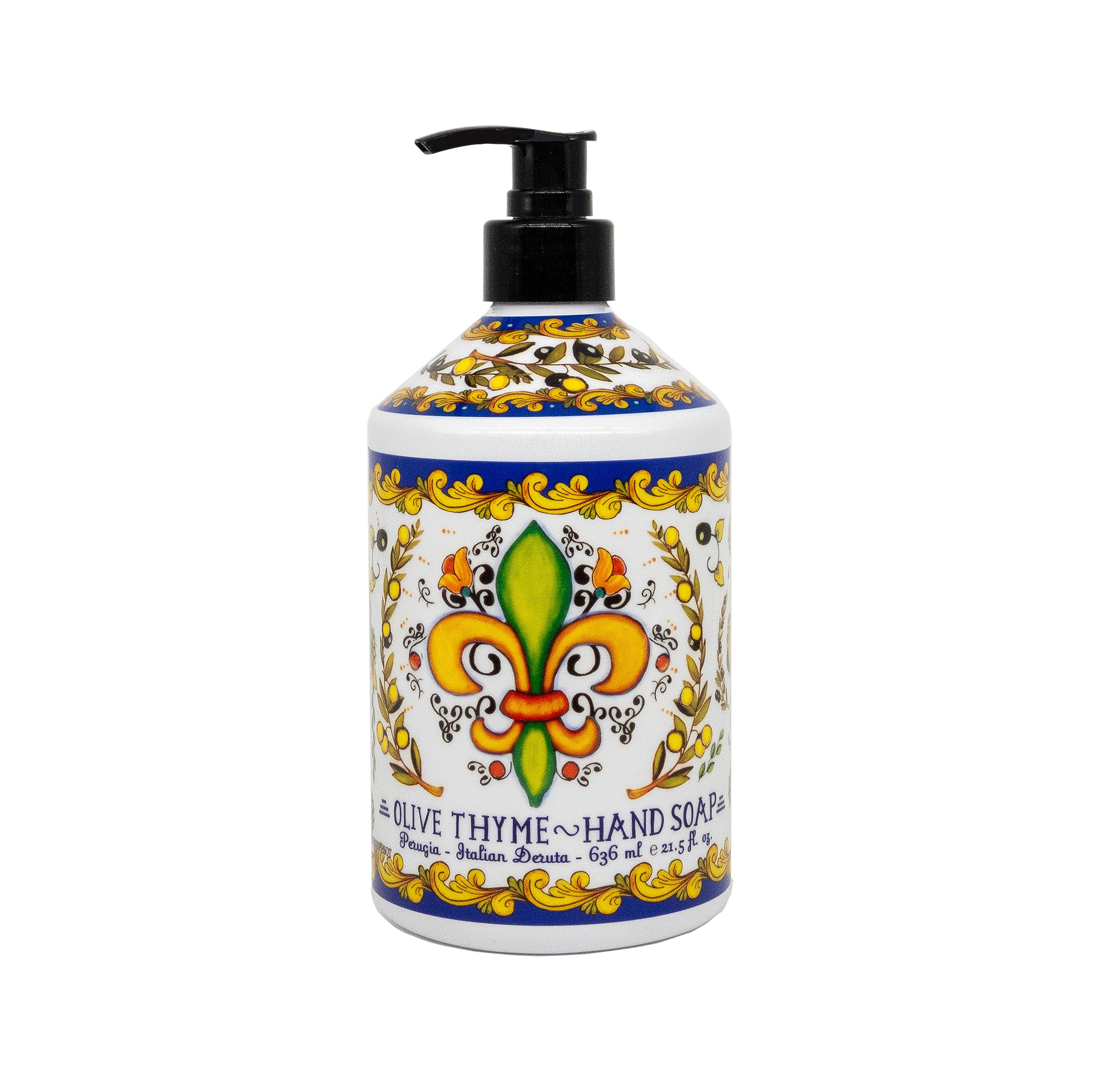 Home & Body Company Perugia Deruta Olive Thyme bottle brings earthy scent to sinks.