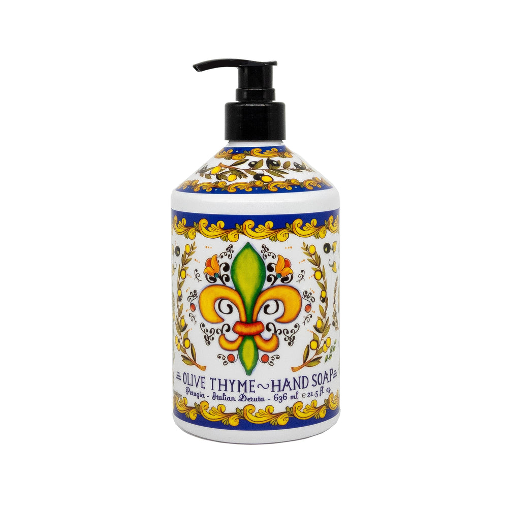 Home & Body Company Perugia Deruta Olive Thyme bottle brings earthy scent to sinks.