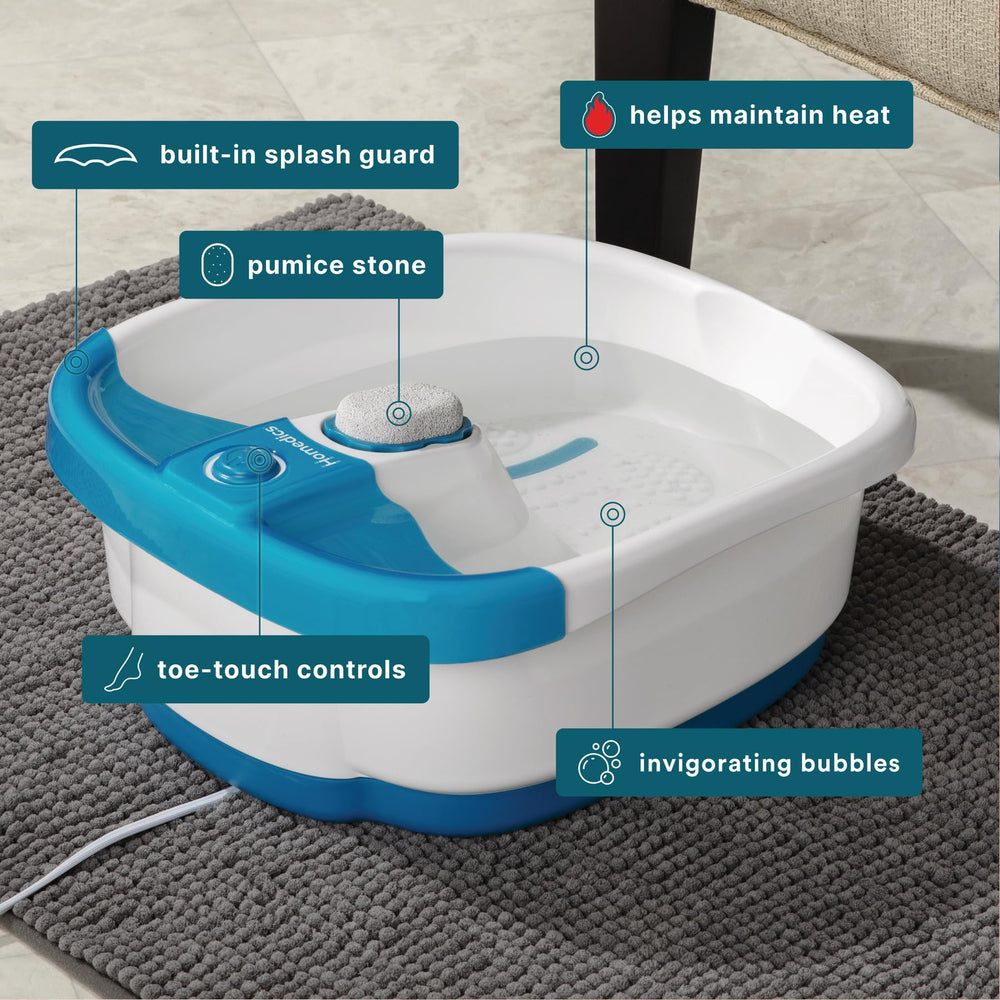 Homedics Bubble Mate Foot Spa raised massage nodes target arches and soles for deeper relief.