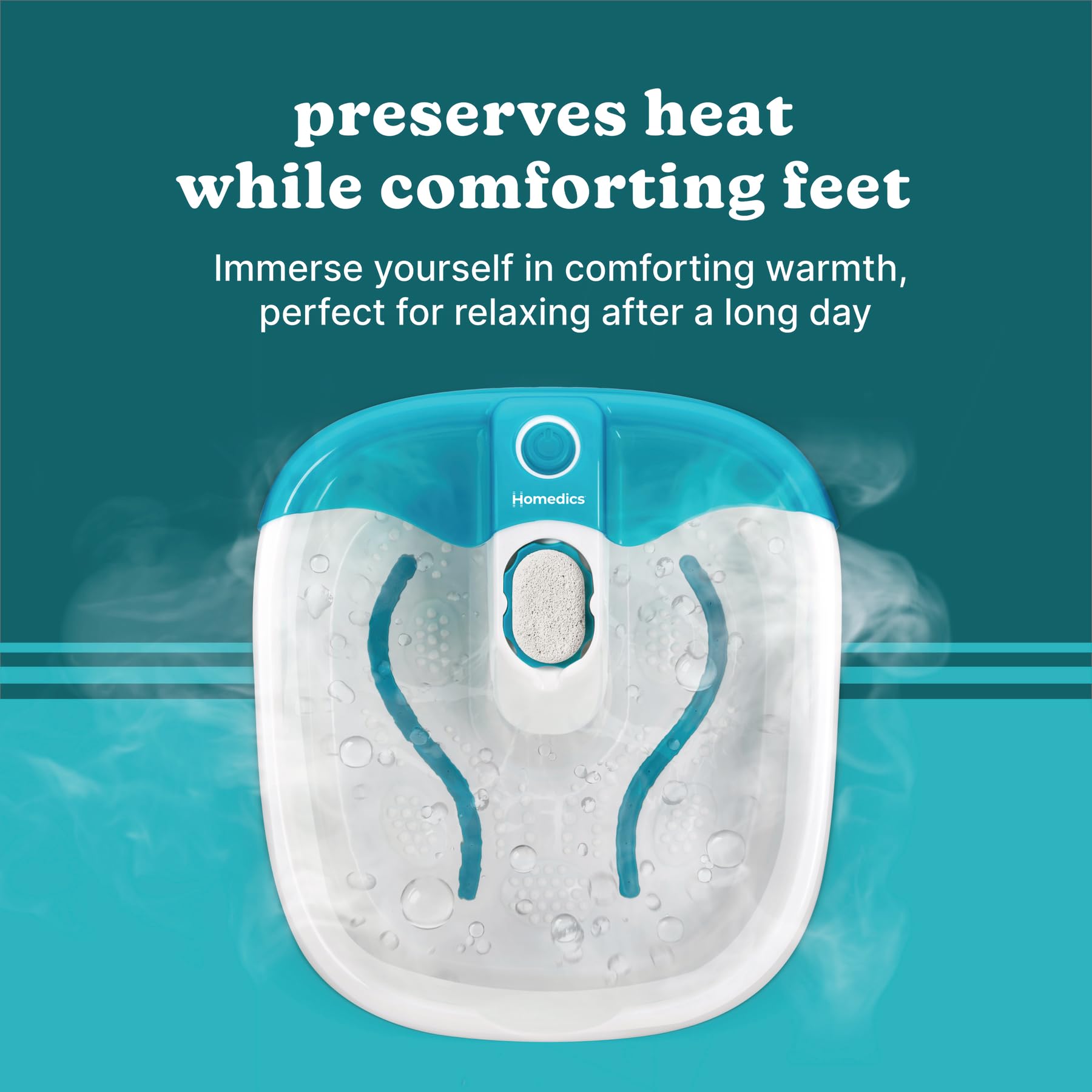 Homedics Bubble Mate Foot Spa removable pumice stone smooths calluses and refreshes feet.