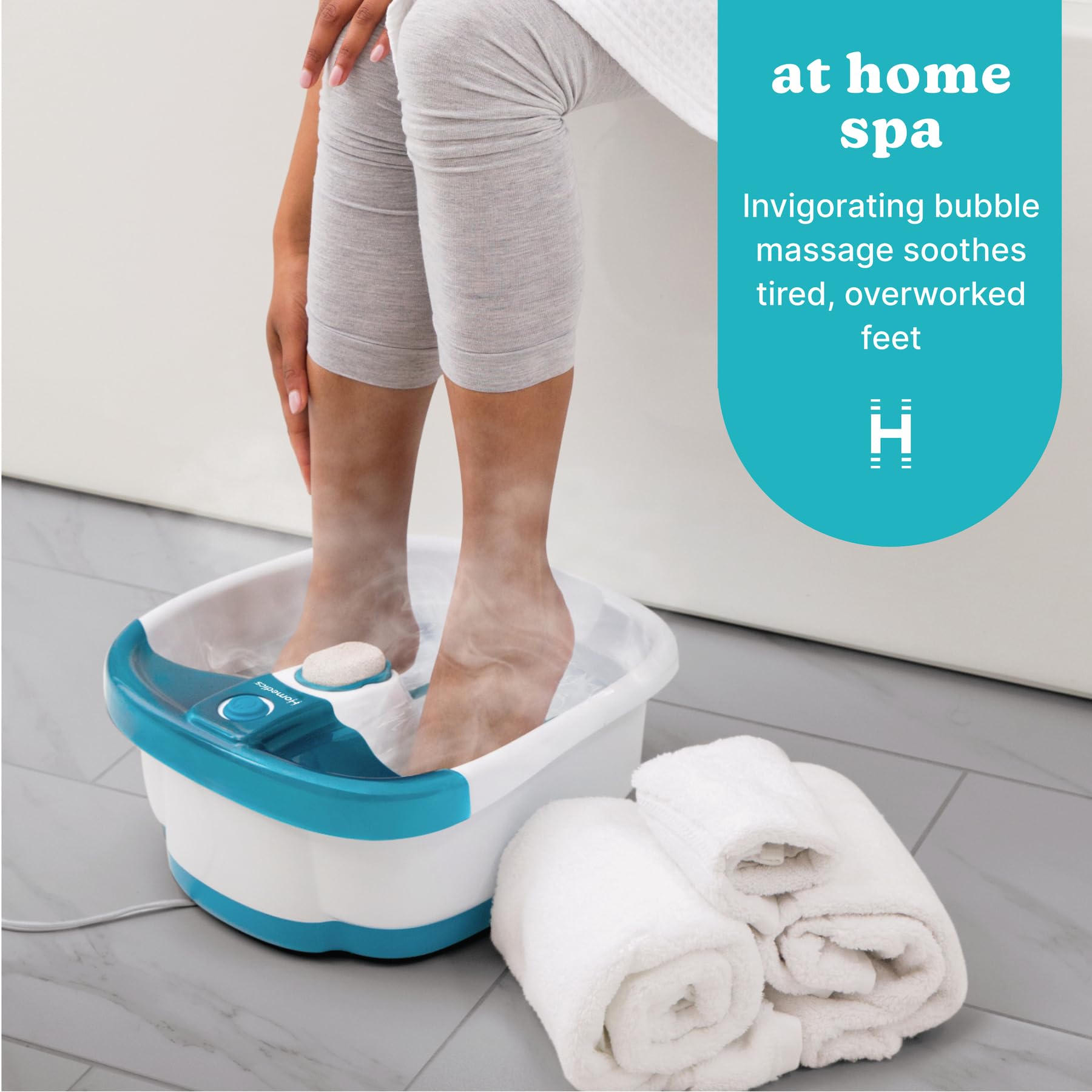 Homedics Bubble Mate Foot Spa toe-touch control for hands-free power on and off.