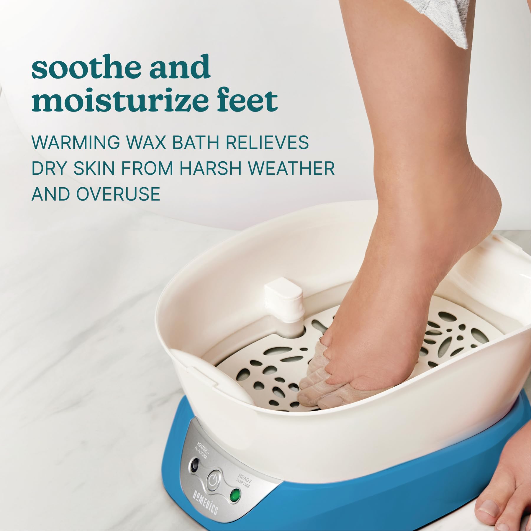 Homedics ParaSpa hands in wax bath demonstrates gentle heat for dry skin relief.