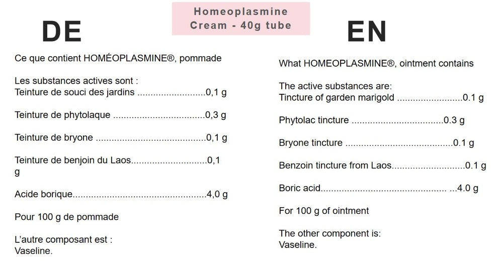 Homeoplasmine XL packaging label close-up showing 40g size for easy daily use