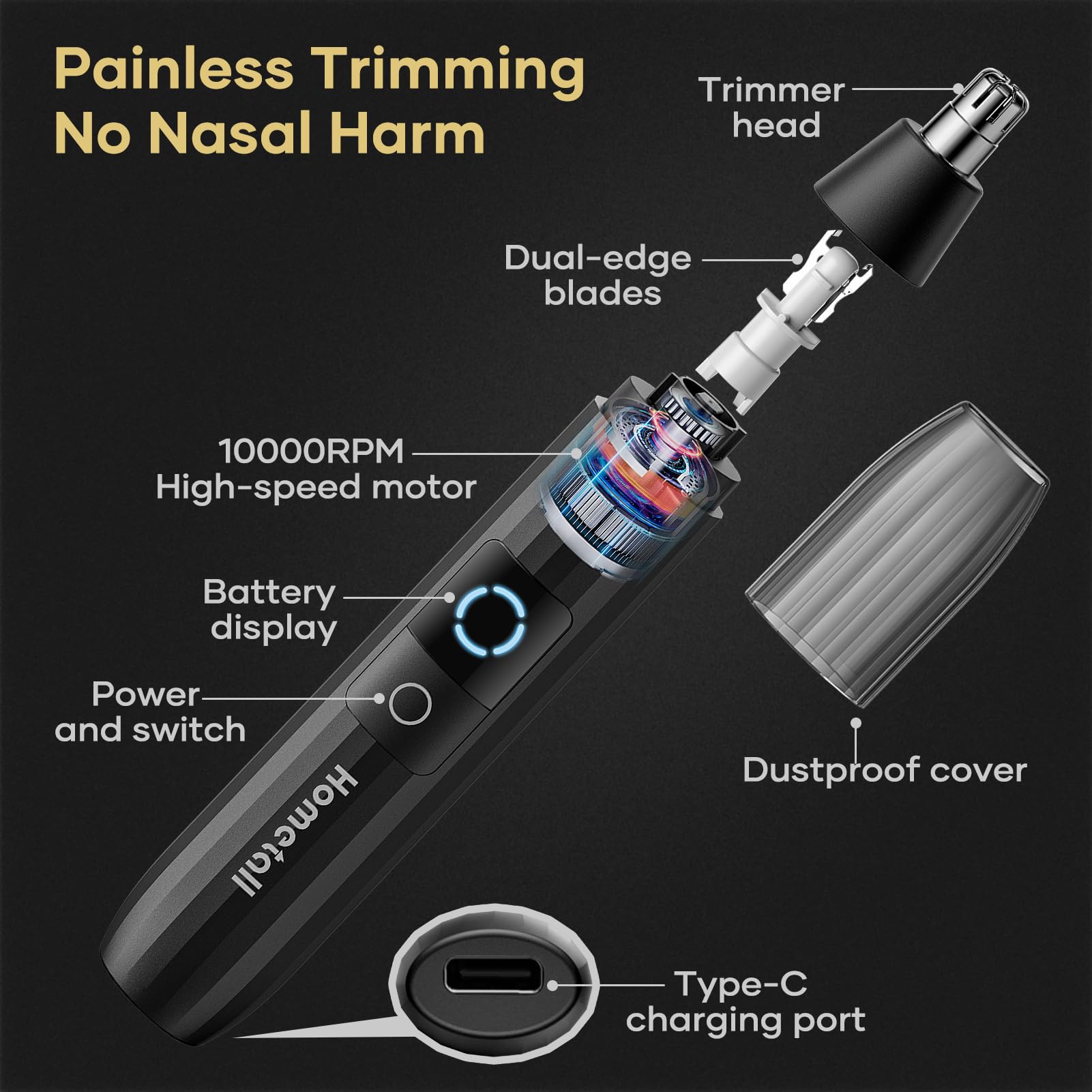 HOMETALL nose hair trimmer with dust cap protects head during storage.