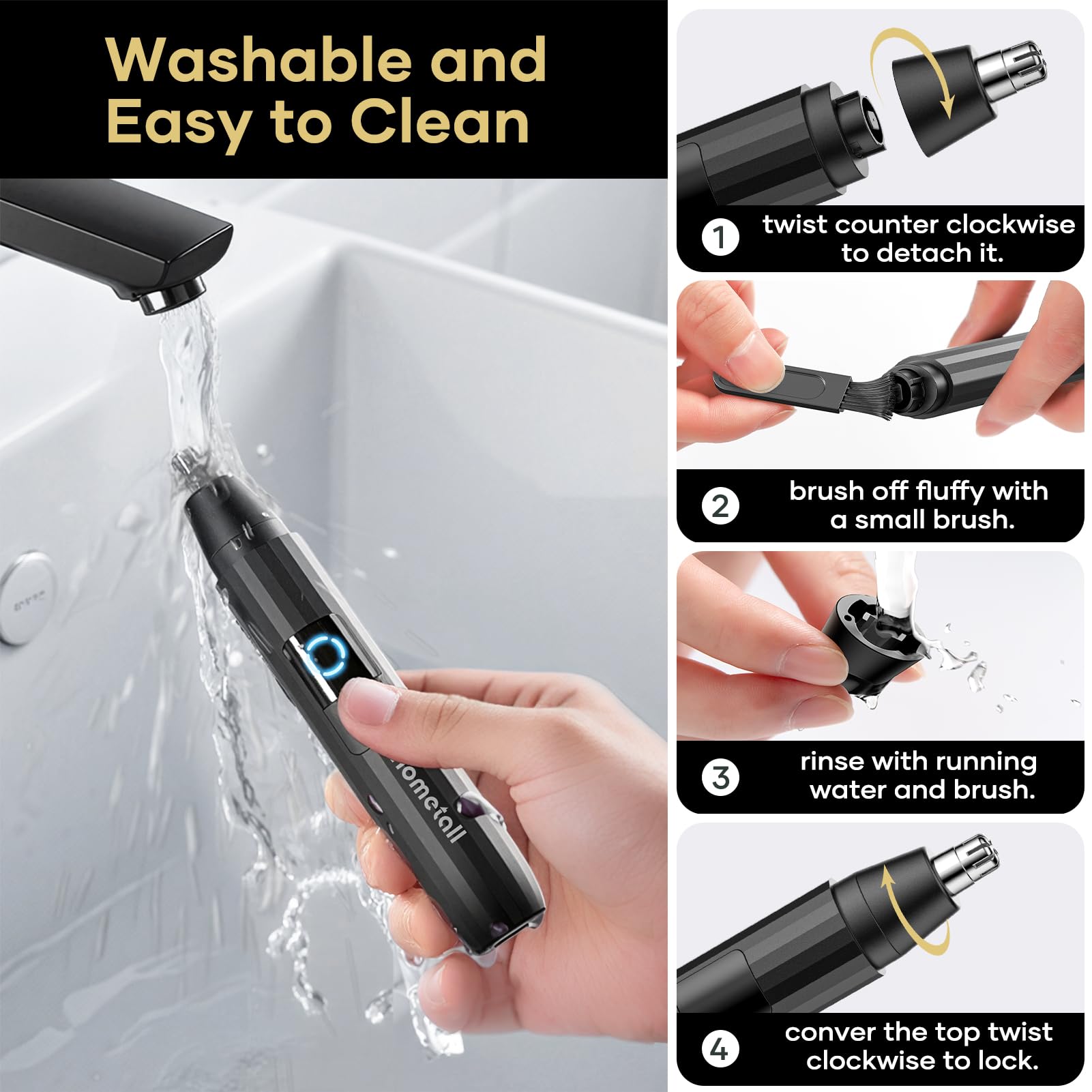 HOMETALL nose hair trimmer easy-clean with detachable blade and cleaning brush.