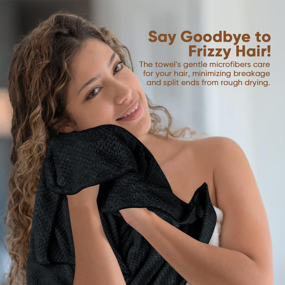 HOMEXCEL hair towel wrap with elastic strap shown during prep for secure fit.