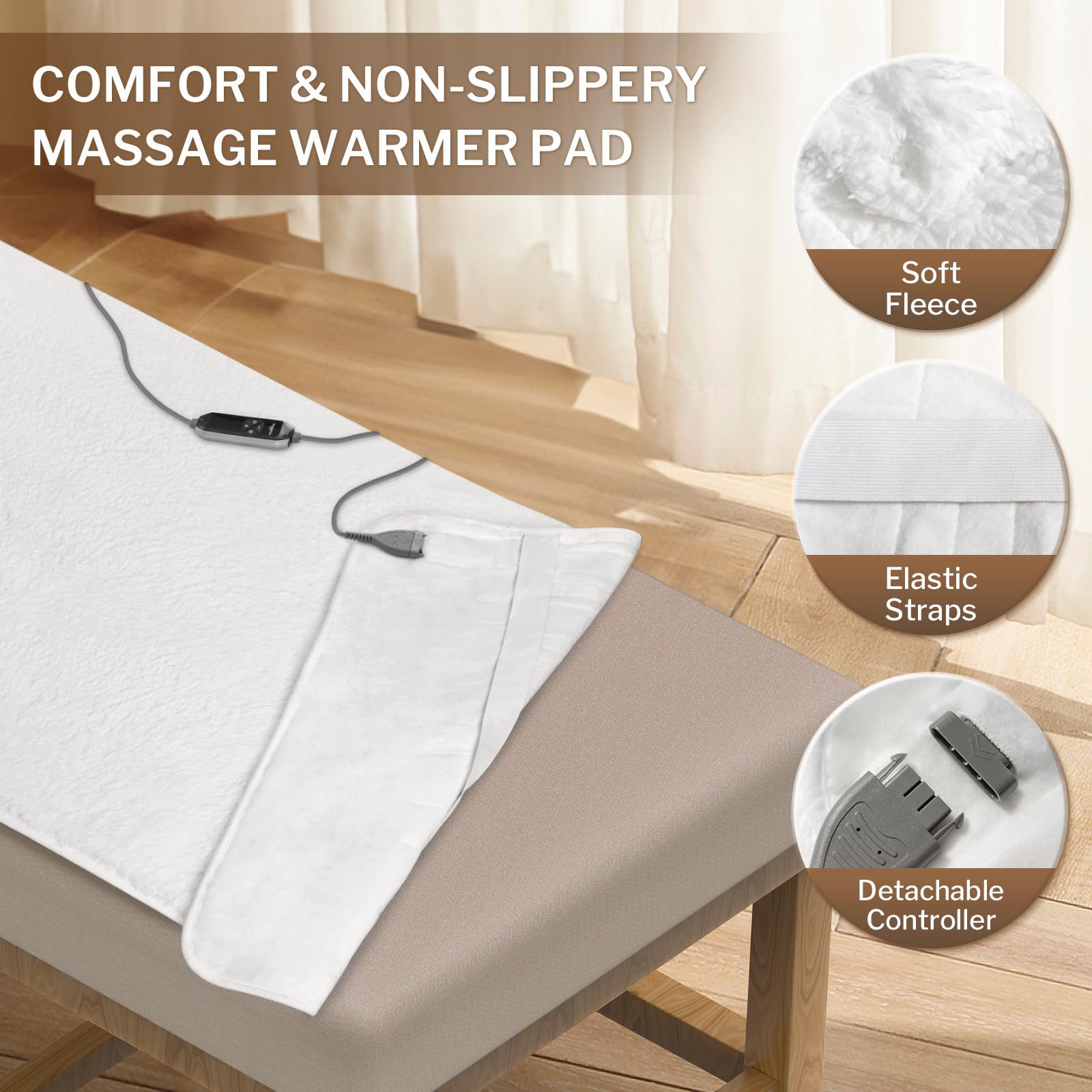 Homlyns LuxeHeat uses two elastic straps and a 9.8-foot cord.