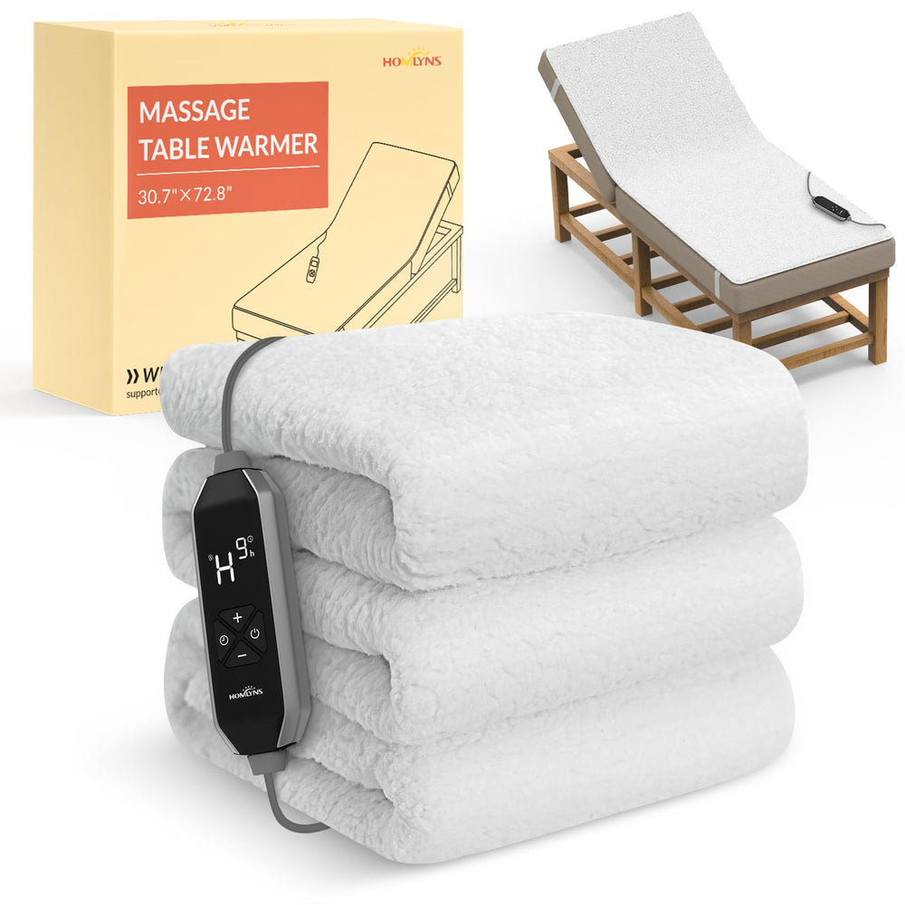Homlyns LuxeHeat table warmer setup on a massage table for warmth.