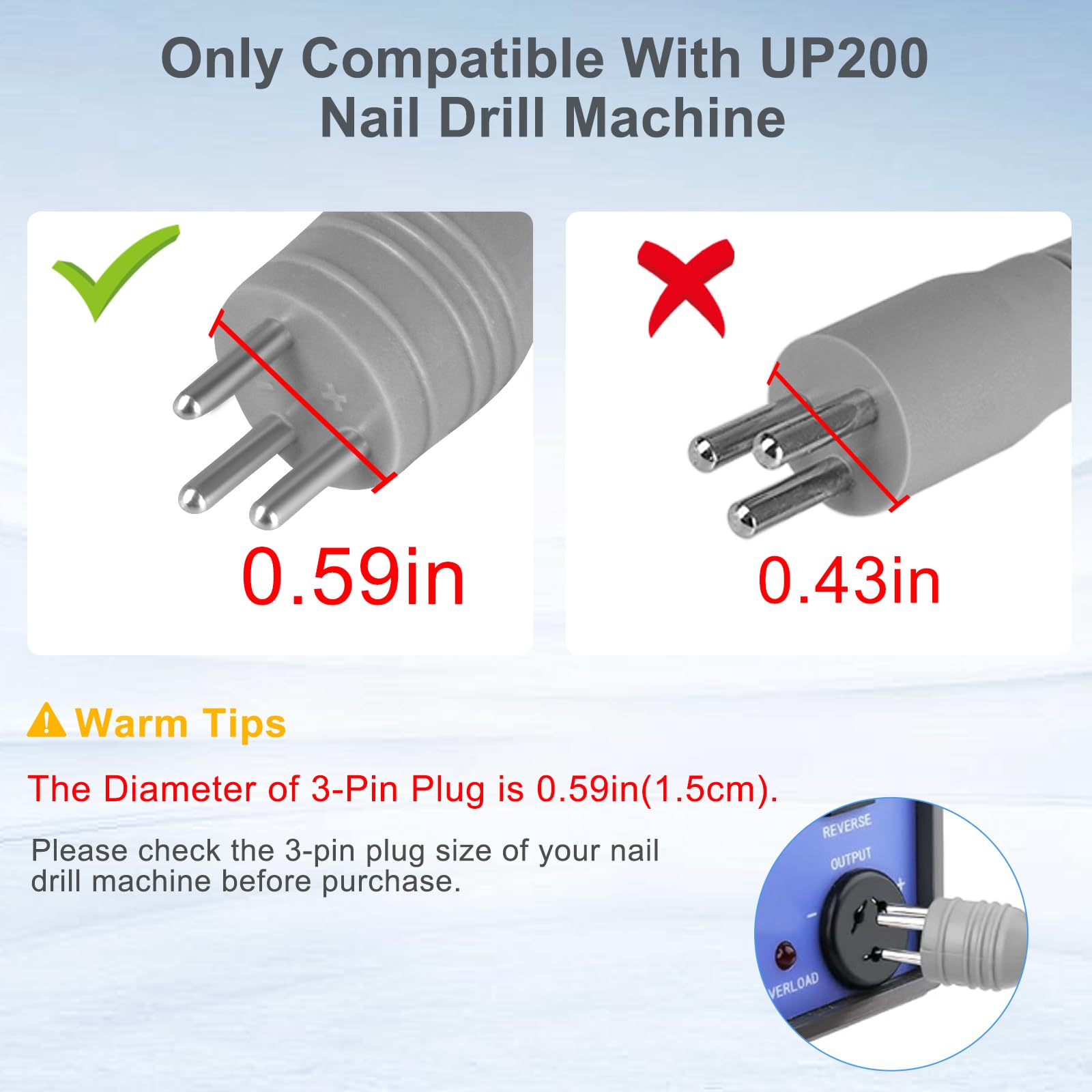 HoMove nail drill handpiece 3-pin connector shows secure UP200 compatibility.