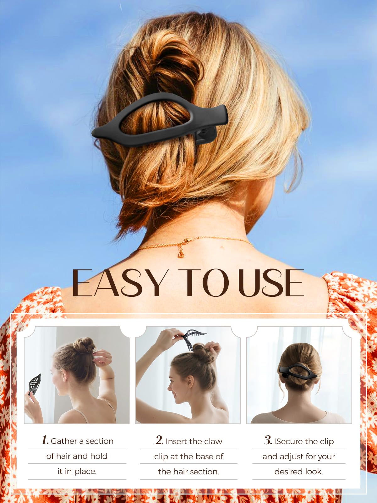 Homsoil flat-design clip in-use showing comfortable, low-profile hair hold.