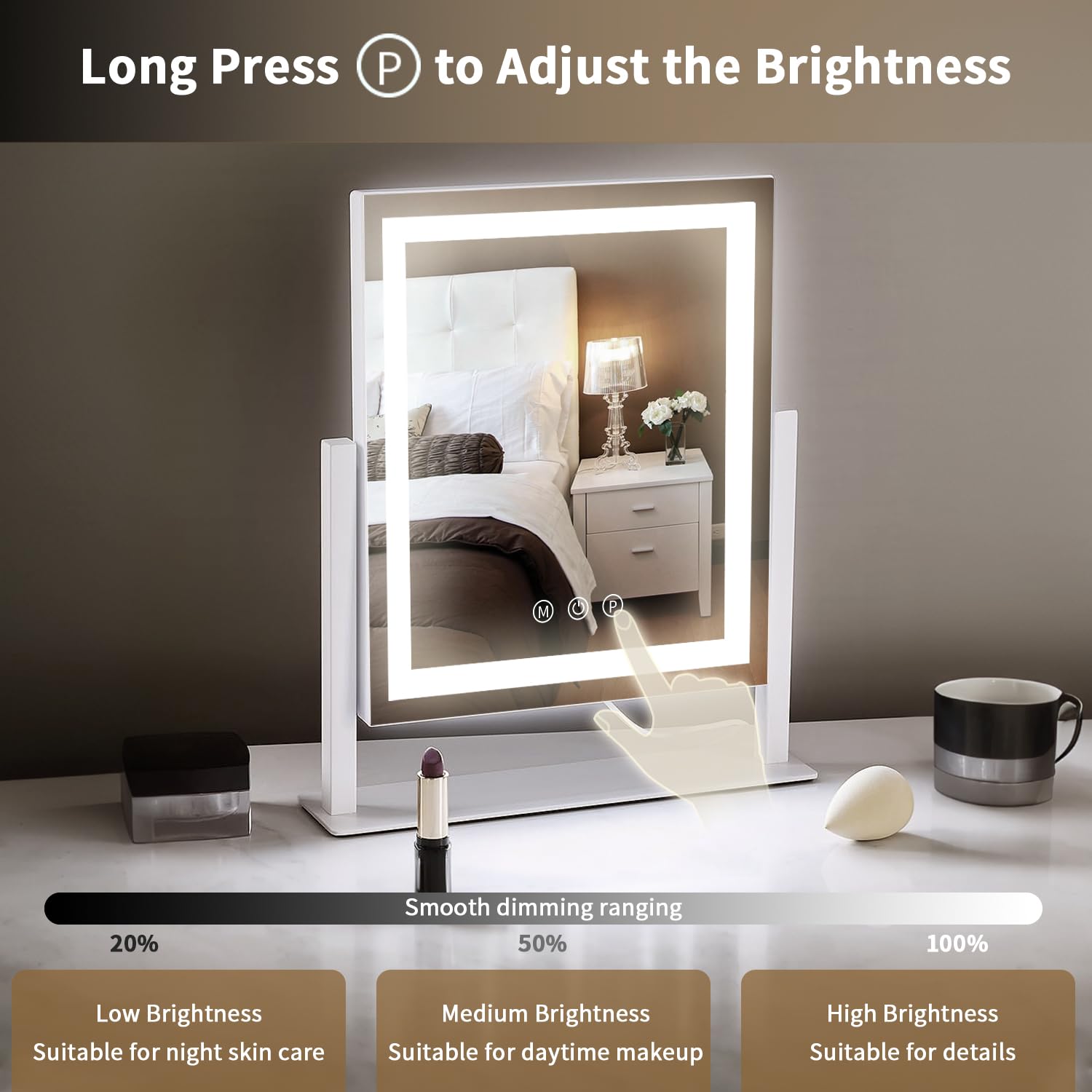 HomTang vanity mirror 360-degree rotation for easy angle adjustment.