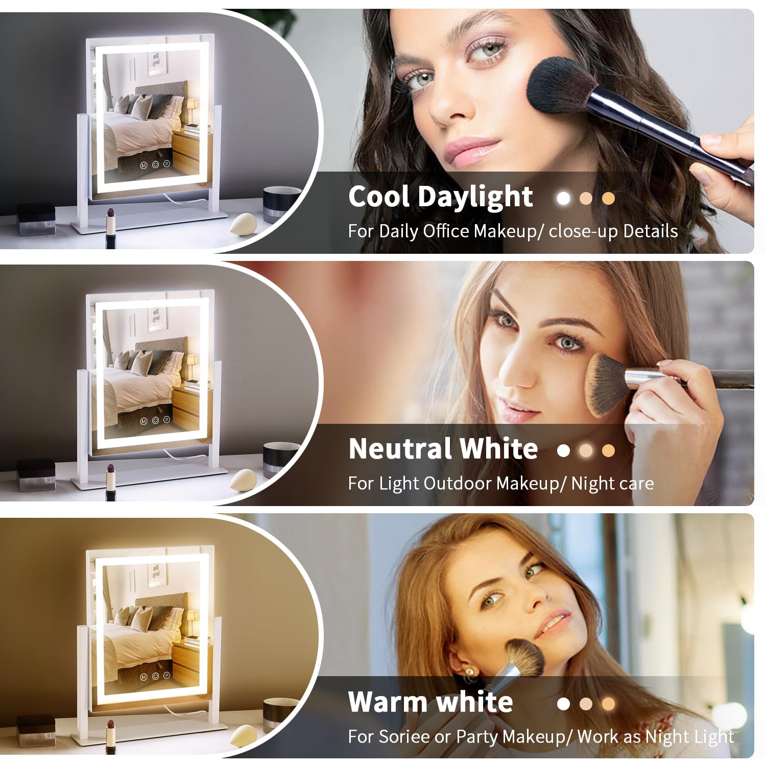 HomTang vanity mirror with color modes offers natural to warm lighting options.