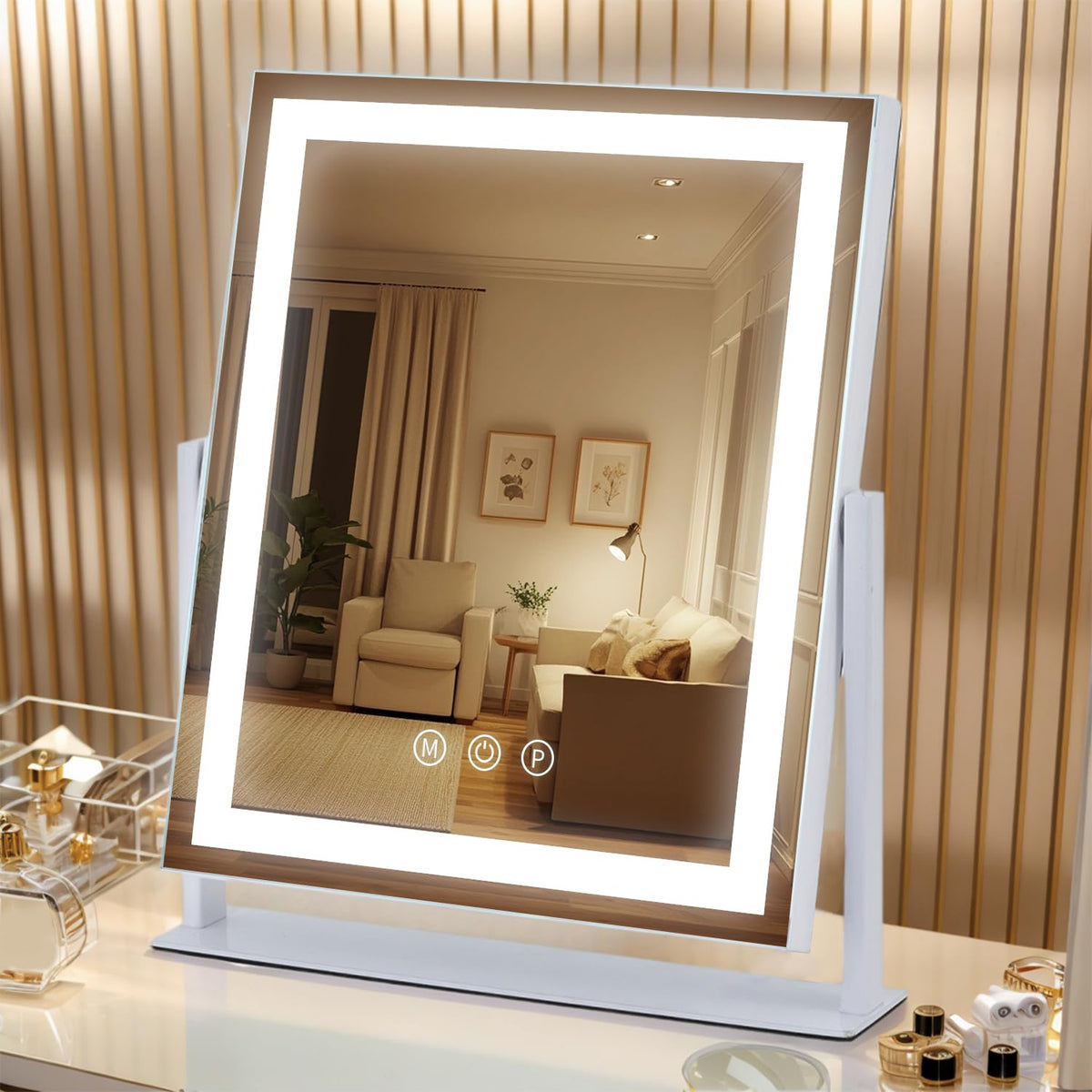 HomTang LED vanity mirror front view showing compact desk-ready size for makeup.